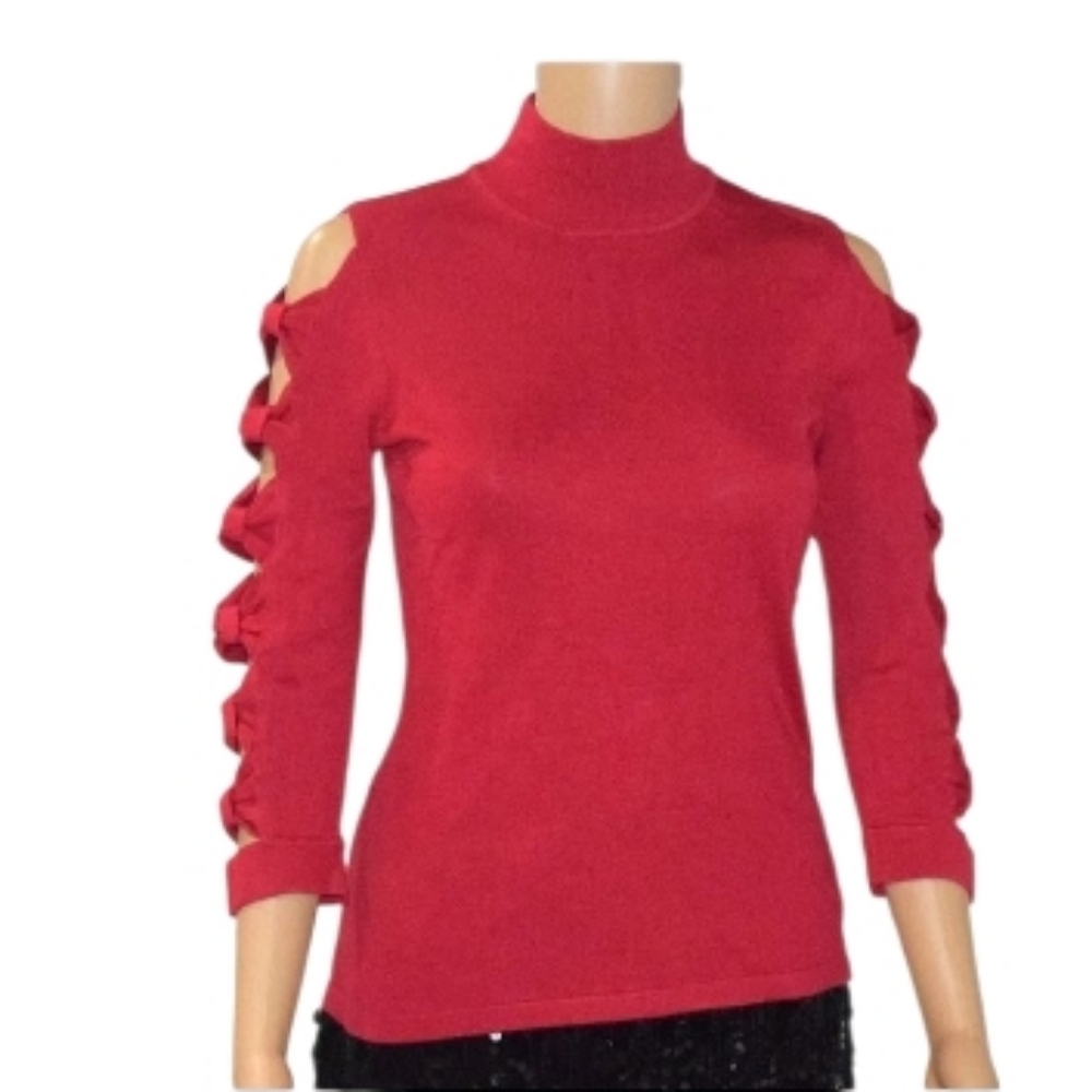 CeCe Red Bow Sleeve Mockneck Sweater